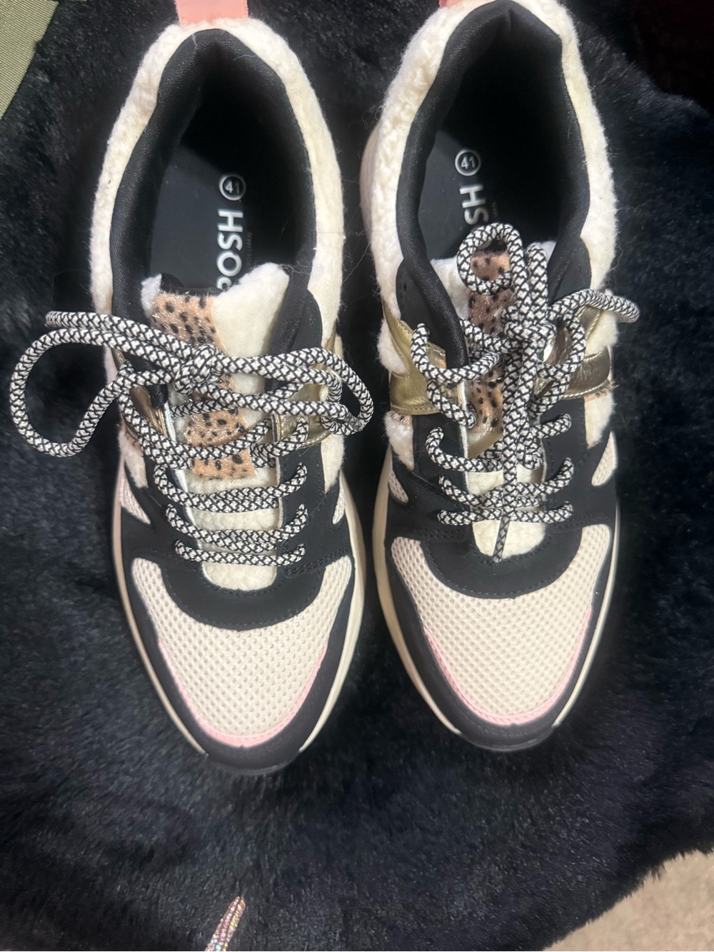 Women's Black and Cream Mixed-Material Athletic Sneakers with Pink Accents